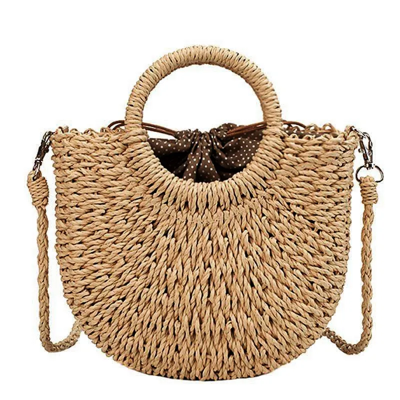 Summer Cotton Rope Crochet Bag With Ratten Ring Handle