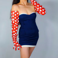 ถุงมือยางยาว Faux Shine สิทธิบัตรหนัง28 "70Cm Polka Dot พัฟสีแดงแขน