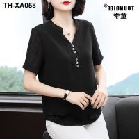 Loose womens large size V-neck black short-sleeved chiffon shirt middle-aged mother 2023 summer new forty-year-old top