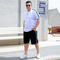 【hot seller】 silk suit mens summer short-sleeved t-shirt casual sports running two-piece fat plus size