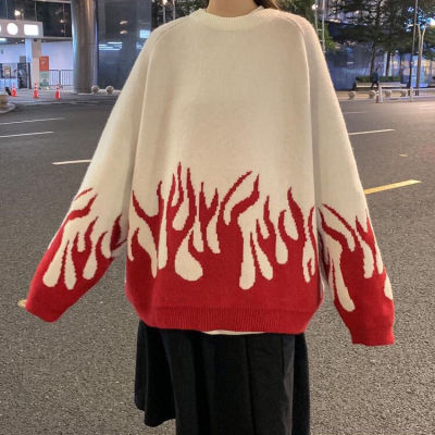 new hip-hop flame sweater womens Y2K knitted sweater pullover streetwear couple fashion casual pullover top coat womens