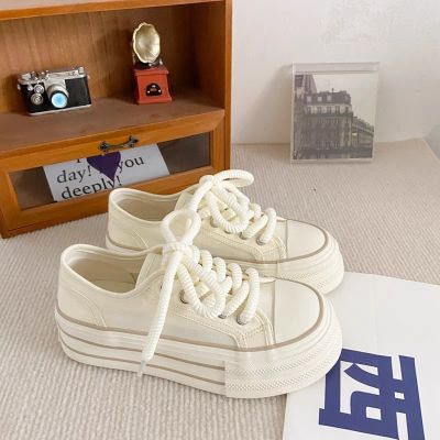 Cream Thick Sole Canvas Shoes Womens Thin 2023 Spring/Summer New INS Fashion Korean Version Big Head Matsuke Student Little White Shoes