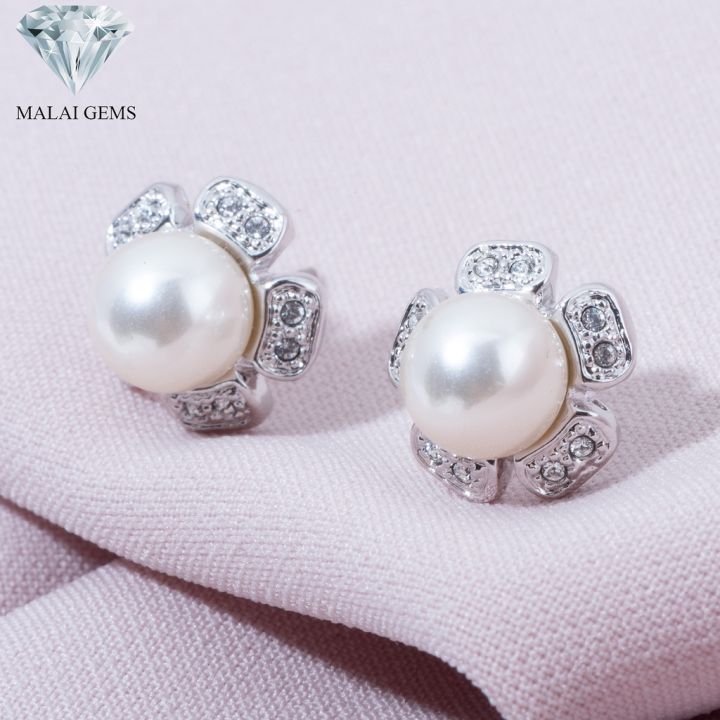 malai-gems-ต่างหูมุก-เงินแท้-silver-925-เพชรสวิส-cz-เคลือบทองคำขาว-รุ่น11004618-แถมกล่อง-ต่างหูเพชร-ต่างหูเงินแท้