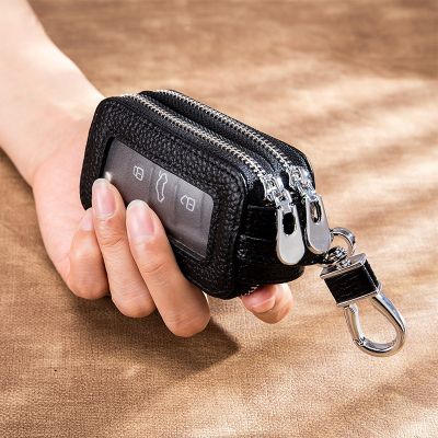 ☸▤❖ Men Leather Double-layer Key Organizer Protection Cover Women Wallet with Zipper Multi-function General Car Fashion Key Case Bag