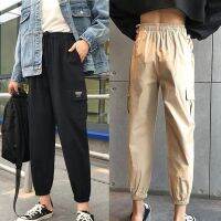 Uni Harajuku Style Elastic High Waist Solid Color Casual Cargo Pants