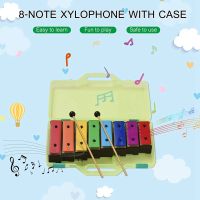 1Set 8-Note Xylophone Colorful Glockenspiel Rainbow Color Metal with Plastic Mallets Green Case