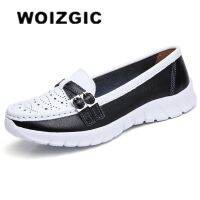 WOIZGIC รองเท้าหนังนิ่มแฟลตรองเท้าหนังแท้สำหรับผู้หญิง,รองเท้าหนังนิ่มรองเท้าสวมส้นเตี้ยกลวงขนาดพิเศษ41 42 SZ-7736