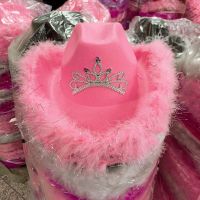 Pink Cowgirl Hats for Women Cow Girl Hats with Tiara Neck Draw String Felt Cowboy Costume Accessories Party Hat Play Dress Up