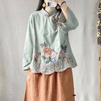 【CW】 2022 new Chinese style traditional hanfu top and linen embroidery stand up collar oriental national blouse a445