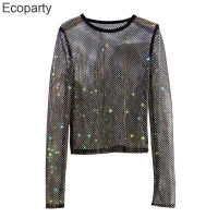 ฤดูร้อนใหม่ผู้หญิงแฟชั่น Rhinestone รอบคอแขนยาวเสื้อยืด Bright Starlight Hollow Shiny Bottoming เสื้อผู้หญิง Tops