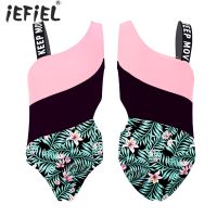 ✌☽ Kids Girl One Piece Swimsuit Child Asymmetrical One Shoulder Print Bathing Suit Teen Monokini Hollow Out Waist Children Swimwear