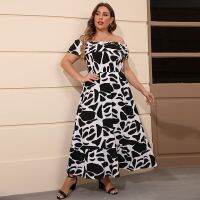 --dmq230731▣✈ Product best-selling classic black and white with atmospheric falbala dress female cow grain printing contracted a summer dress