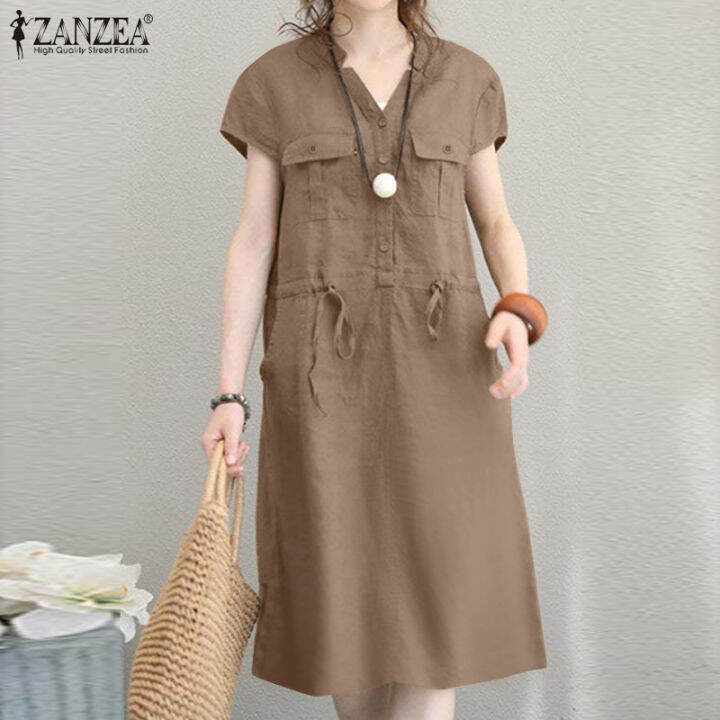 3 Days Delivery Hijabfab Zanzea Summer Womens Short Sleeve V Neck Dress Plain Office Loose 1394