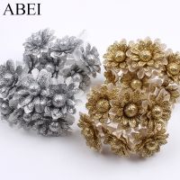 12pcs/lot Gold Silver Glitter Christmas Flower Artificial Silk Flower Bouquet Wedding Party Decoration DIY Handicraft Wreath