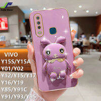 เคสโทรศัพท์กระต่ายที่สวยงามสำหรับ VIVO Y15S / Y15A / Y16 / Y01 / Y02 / Y12 / Y15 / Y17 / Y19 / Y91C / Y85 / Y91 / Y93/Y95การ์ตูนน่ารักชุบโครเมี่ยมที่คลุมโทรศัพท์ TPU แบบน่ม + ขาตั้ง