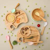 1 Set Bamboo Wooden Dinnerware Baby Feeding Accessories Cartoon Animals Elephant Dinner Plate With Sucker Baby Brithday Gifts