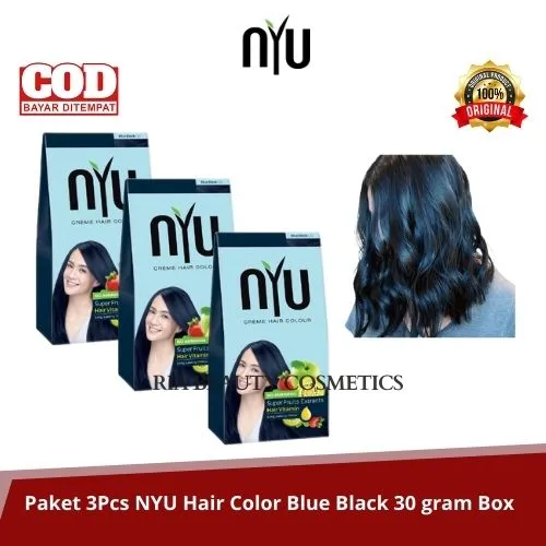 Paket 3pcs Nyu Hair Color Blue Black 30 Gram Box Pewarna Rambut Warna Rambut Pewarna Rambut