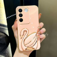 เคสโทรศัพท์มือถือ2023ใหม่สำหรับ VIVO V29 Y36 Y27 V27 5G 4G เคสโทรศัพท์สีดำเคลือบอิเล็คโทรเพลทแฟชั่นพร้อมการ์ตูนน่ารักน่ารักขาตั้งปิดคลุมป้องกันการกระแทกหงส์