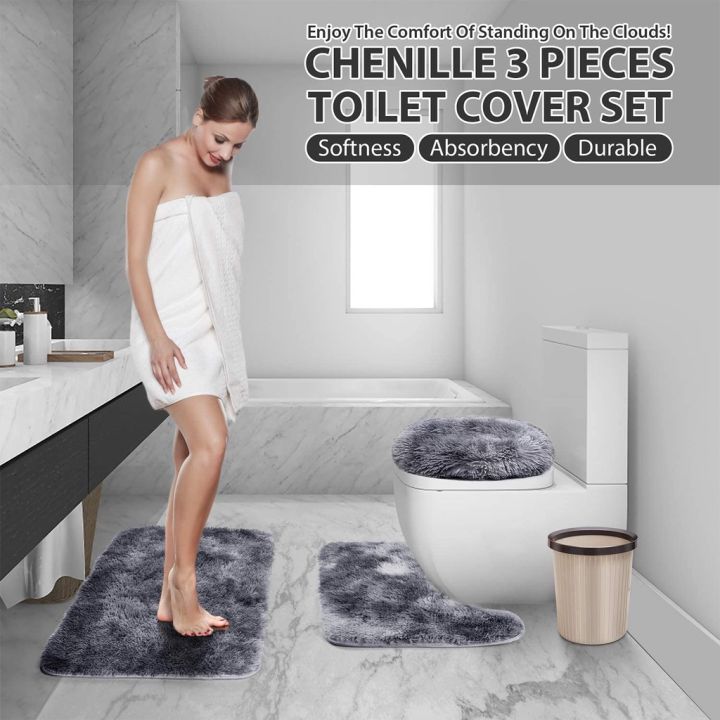 3-Piece Bathroom Rug Chenille Bath Mat Set Soft Plush Anti-Slip Toilet Rug  Mat