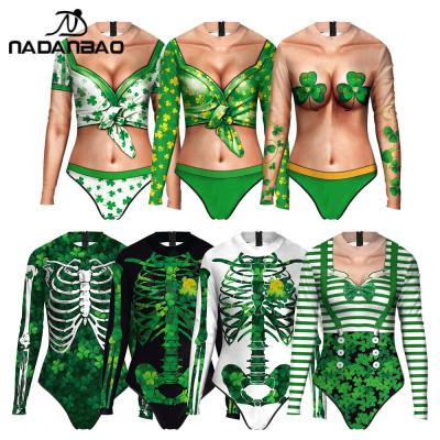 NADANBAO St. Patricks Day Party Swimsuit 2022 Women Clover Print Swimwear Female Long Sleeves Bather Bathing Suit Beachwear