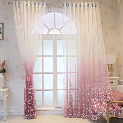 Pink Gradient Tulle Curtains for Living Room Bedroom Princess Room White Embroidered Floral Sheer Window Curtain Panel Drapes