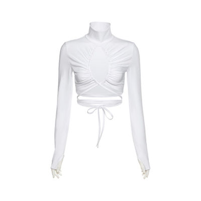 OrangeA  Spring Women Sexy Hollow Out T-Shirt Drawstring Lace Up Turtleneck Ruched Tops Hot Street Party Clubwear Outfits