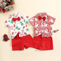 【Beautywoo】 Boys Summer Gentleman Outfits Santa/christmas Tree Print Short Sleeve T-Shirt With Bow Tie And Casual Shorts Set