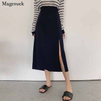 A-line Korean New Autumn One-Piece Side Split Stitching Womens Skirt 2020 Black Slim High Waist Midi Skirts Jupe Femme 10631