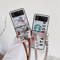 Flip Cover สำหรับ Samsung Galaxy Z Flip3 5G Samsung Galaxy Z Flip4รูปแบบ Dollar StarBuck หนังนุ่มพับโทรศัพท์ Lanyard