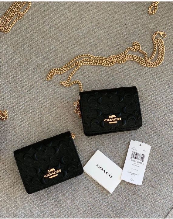 Authentic C7361 Coach Mini Wallet On A Chain In Signature Leather - Black