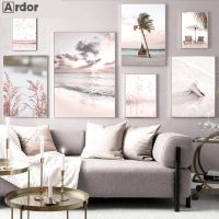 Pink Sea Landscape Wall Art, Bird Beach Conch Palm Tree ภาพวาดผ้าใบ,สไตล์นอร์ดิกภาพผนังสำหรับตกแต่งห้องนั่งเล่น0921