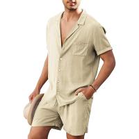 Summer Cotton Linen Shirt Set Mens Casual Outdoor 2-Piece Suit Andhome Clothes Pajamas Comfy Breathable Beach Short Sleeve Sets