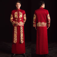 【CW】Vintage Men Red Dragon Embroidery Qipao Chinese Traditional Bridegroom Wedding Dress Male Marriage Tang Suit Clothing