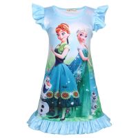 Frozens Anna Elsa Girls ชุดราตรี O-Neck A-Line ชุด2021ใหม่บินแขนการ์ตูนกลางความยาว6605เสื้อผ้าเด็กฤดูร้อนแฟชั่นชุดนอนชุด