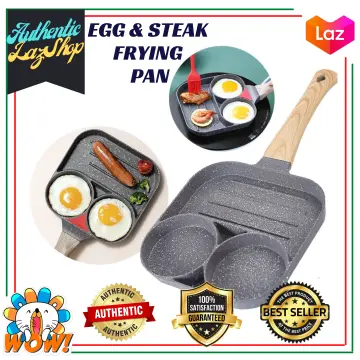 2 in 1 Nonstick Egg Steak Frying Pan ,3 Section Aluminium Alloy Fried Egg  Cooker With Wood Handle Suitable for Cooking Ham Omelet Egg Muffins Bacon