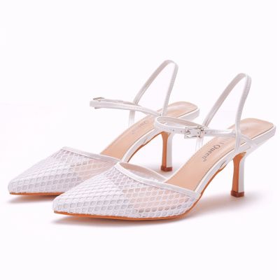 7 cm white mesh breathable shallow mouth pointed with pointed hollow out sandals fine mesh wedding high-heeled sandals women