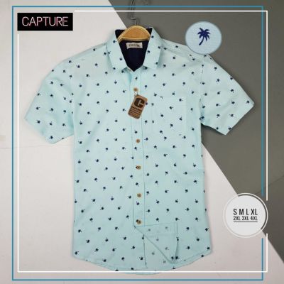 Capture Shirt เสื้อเชิ้ตผู้ชาย เชิ้ตแขนสั้น คอปก ลายมะพร้าว สีเขียวมิ้นท์ มีถึงอก 48 นิ้ว