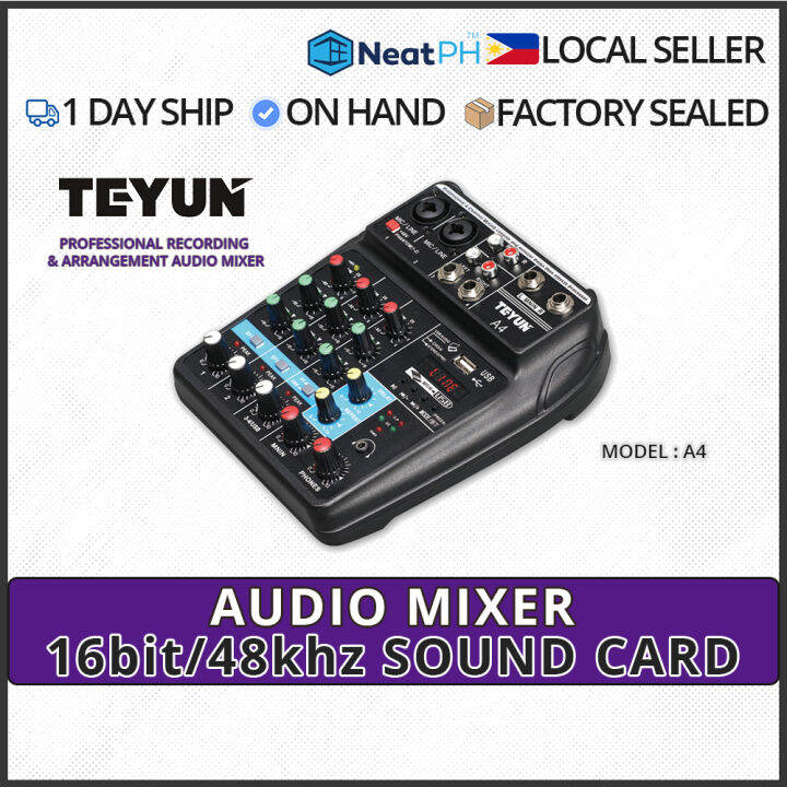TEYUN A4 4 Channel Audio Mixer Console Line Mixer with Sound Card and