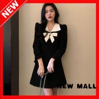 NEW MALL Black Dress WomenS Autumn New 2022 Small V-Neck Bow Stitching Short Skirt