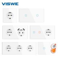 VISWE EU Sockets and Touch switches 220  White Full mirror crystal glass panel thief plug with usb home improvements