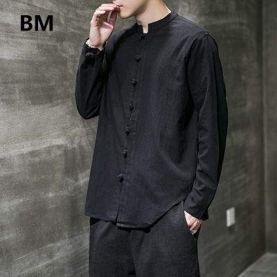 【ในสต็อก】เสื้อแขนยาวสำหรับผู้ชายเสื้อสไตล์จีนปุ่มแผ่นผ้าฝ้ายเสื้อวินเทจชายสีเทาสีขาวสีชมพูสีดำใหม่