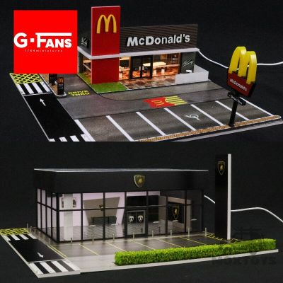 G-FANS 1:64 Led Light Diorama MC Food Burger Shop/Lambo Center Scene Model Building W/Parking
