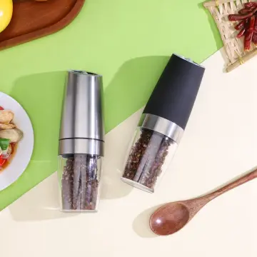 1/2pcs Gravity Electric Pepper And Salt Grinder Set, Adjustable Coarseness,  Battery Powered With LED Light, One Hand Automatic Operation, Stainless  Steel Black 7.8inch/2inch