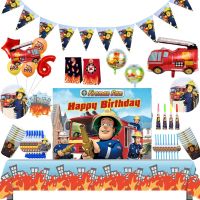 ▤ Fireman Sam Birthday Party Decorations Banner Fire Engine Fighter Theme Paper Cups Plates Favors Baby Shower party supplies