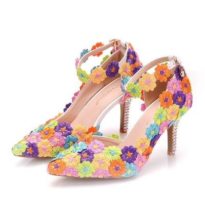 8 cm bigger sizes with cusp sandals sandals fine color lace female diamond wedding shoe heels side empty