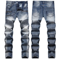 European Station Autumn And Winter New Mens Retro Distressed Splicing Jeans Trendy Mens Personality Slim Fit Skinny Motorcycle Pants