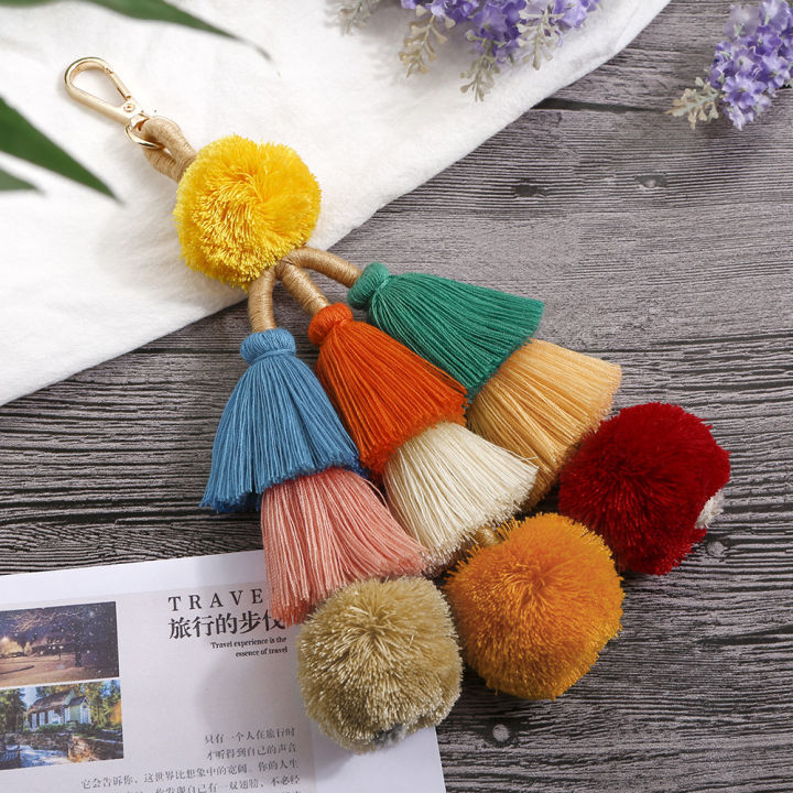 Handmade Women Colorful Boho Pom Pom Tassel Bag Charm Key Chain