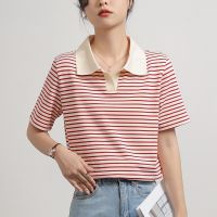 COD dsdgfhgfsdsss Summer red and white contrast color stitching cotton T-shirt womens striped short sleeve POLO collar top