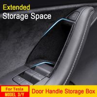 USVOTOV For Tesla Model 3 Y 2023 2022 2021 Door Handle Storage Box Side Flocking Tray Hidden Organizer Car Interior Accessory LED Strip Lighting