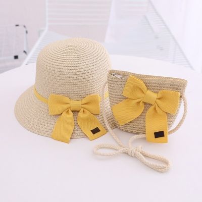 【CC】 2023 Hat and Hand-woven Handbag Set for Vacation Beach Kid Headwear Daughter